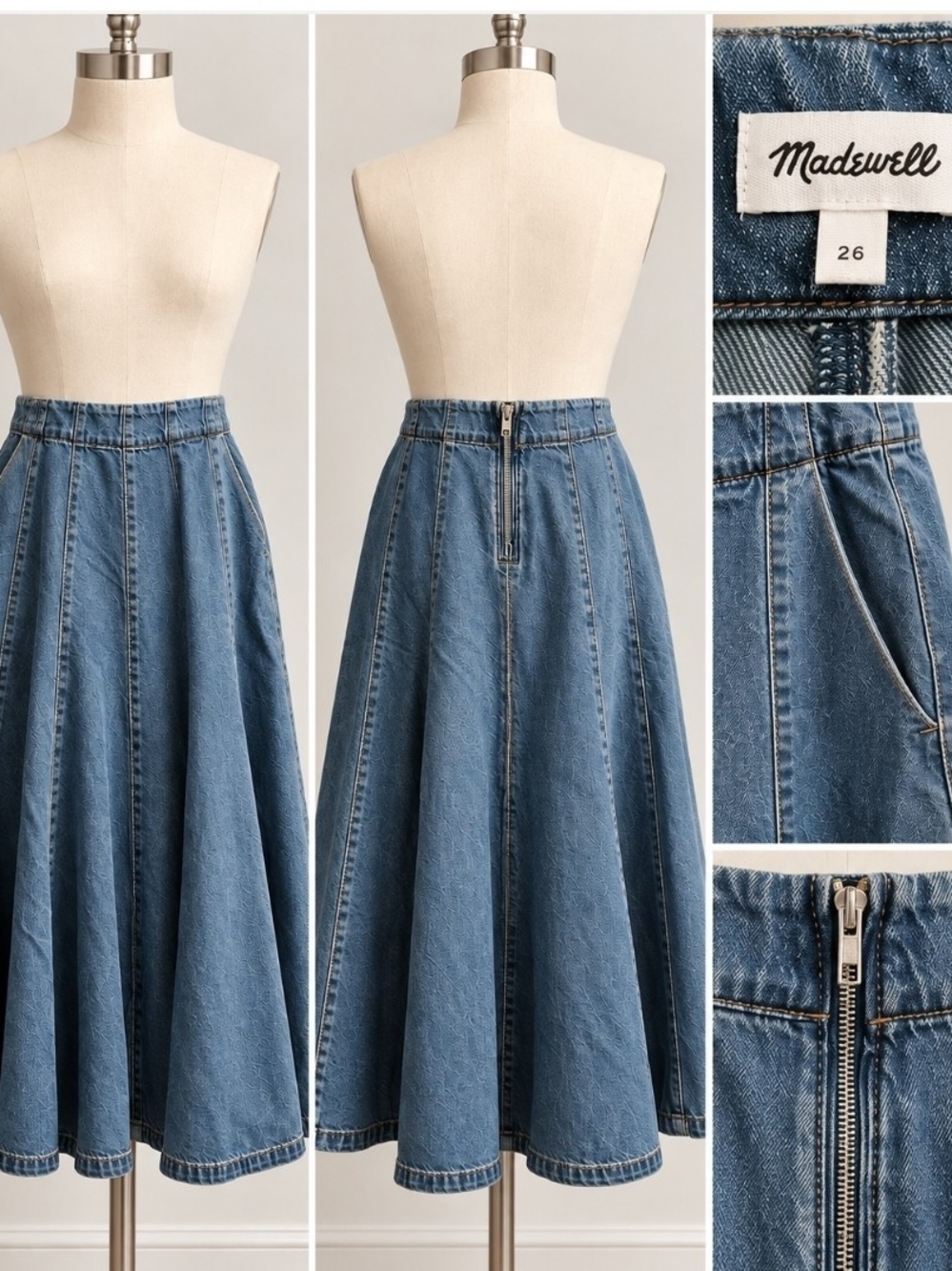 Madewell Denim A-Line Midi Skirt Size 26 High Waist Paneled Blue
